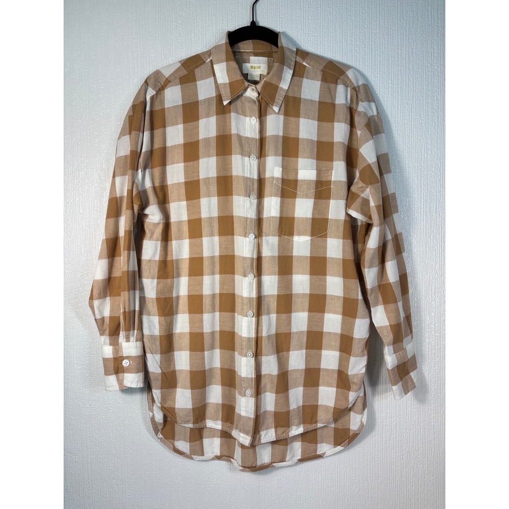 Maeve Tan White Large Gingham Casual Light Airy Blouse Size L (tag is deceiving)